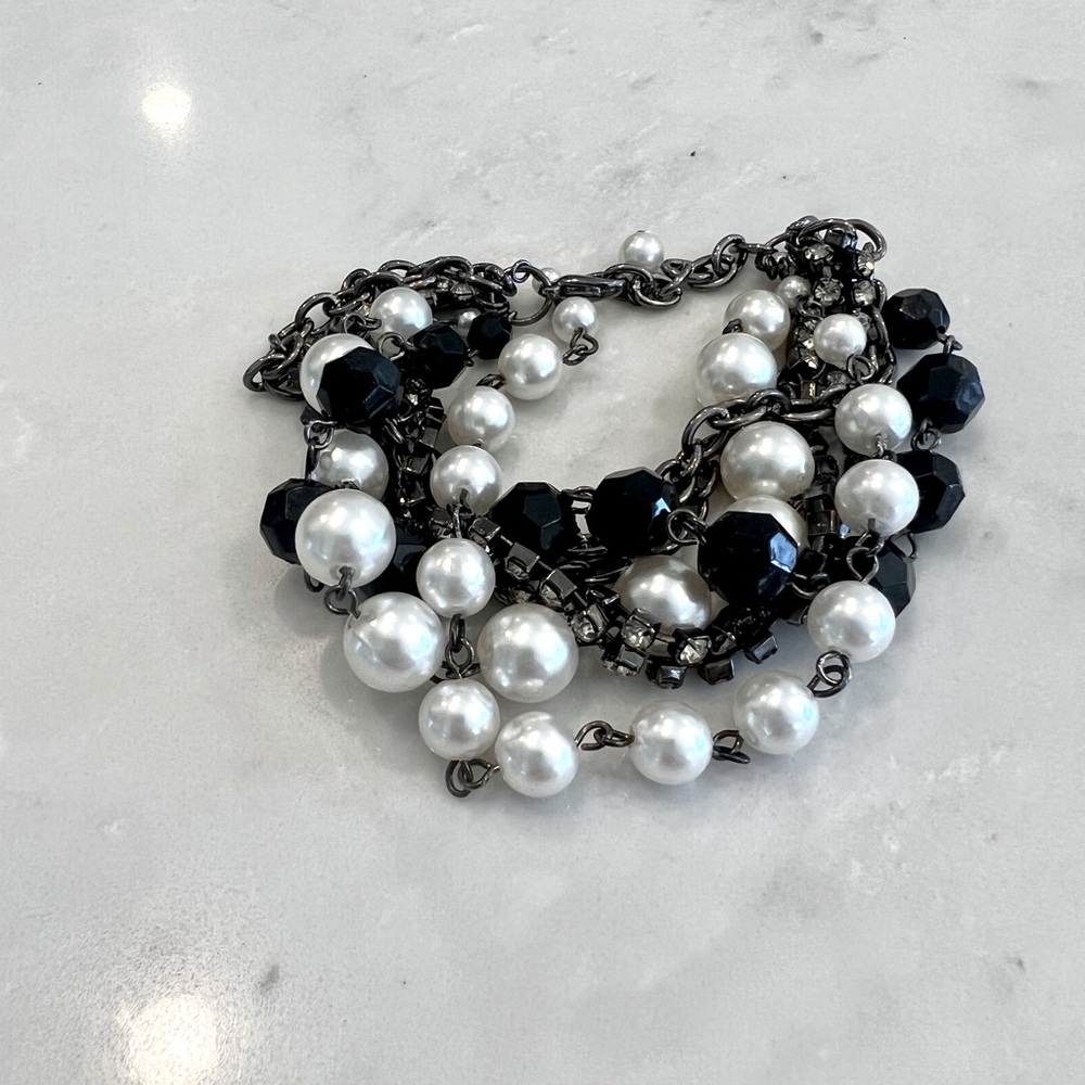 Bracelet of Pearl, Black Bead & Rhinestone